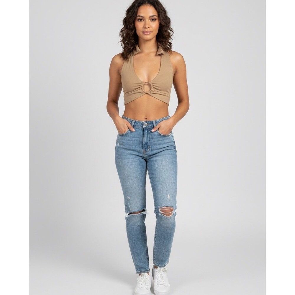 Almost Famous Collared Halter Crop Top Soft Suede Feel Size Medium